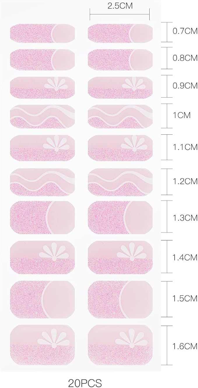 JMEOWIO Gel Nail Stickers Pink Glitter White Flower French Tip Semi Cured Gel Nail Strips Wraps UV/LED Nails Art Design Decoration Accessories