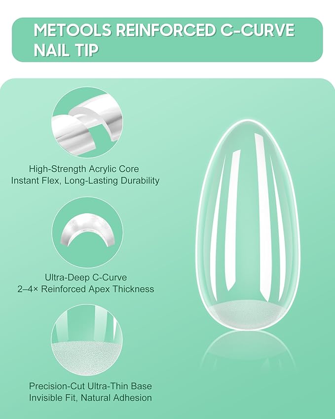 Extra Thick Short Almond Nail Tips, Natural Curve Strong Clear Pre-etched Press on Nail Gel Extension, Full Cover False Nail Tipsfor Acrylic French Salon DIY 15 Sizes 360 pcs