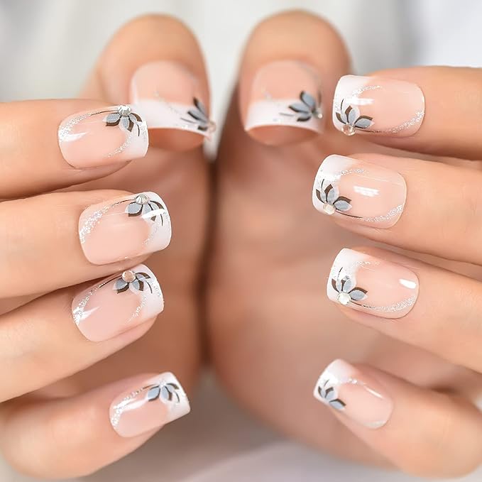 EchiQ Flowers Short Round Press On Nails, Natural Design, Gel Polish DIY, Diamond Nude Base, Swirls Glitter Sequins Shimmer Solid Color Glossy Fake Nails Women Girls