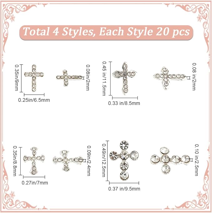 CRASPIRE 80Pcs Cross Nail Charms 3D Y2K 4 Styles Luxury Nail Gems Set Metal Alloy Rhinestone Flat Gothic Vintage Punk Studs Decor for Women Nail Art Crafts DIY Jewelry Christmas Decorations Cellphone