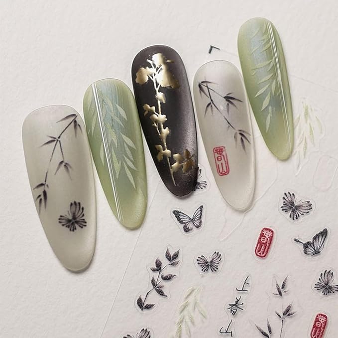 2Sheets Willow Bamboo Leaf Nail Art Stickers Chinese Style 5D Nail Decals Gold Embossed Self Adhsive Sticker for Women Girls DIY Nails Manicure Salon (Bamboo)