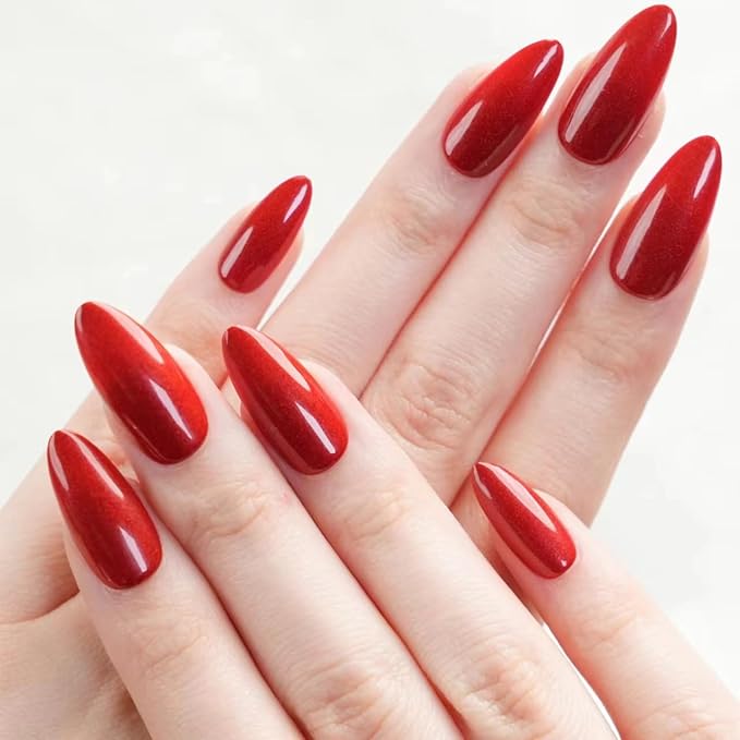 30Pcs Almond Press On Nails - Supremely Fit & Natural Soft Gel Almond Nails,15 Sizes, Reusable Fake Nails Kit with Gift Box for Women (Shiny Red)