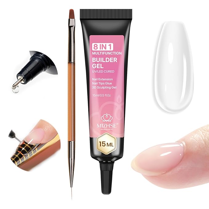 MIZHSE Builder Gel for Nails, 8-in-1 Clear Builder Strengthener Gel for Nail Thickening Tip Design Rhinestone Glue U V LED Extension Gels Kit for Home DIY Salon 15mL