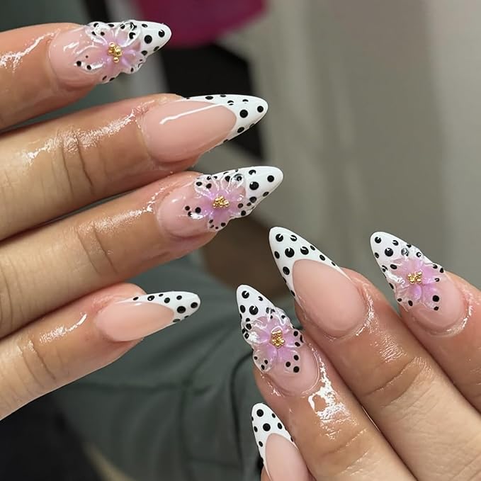 24Pcs Polka Dot French Tip Press on Nails Medium Almond Fake Nails 3D Pink Flower Glue on Nails with Gold Beads Designs Spring False Nails Nude Pink Full Cover Glossy Cute Acrylic Nails for Women