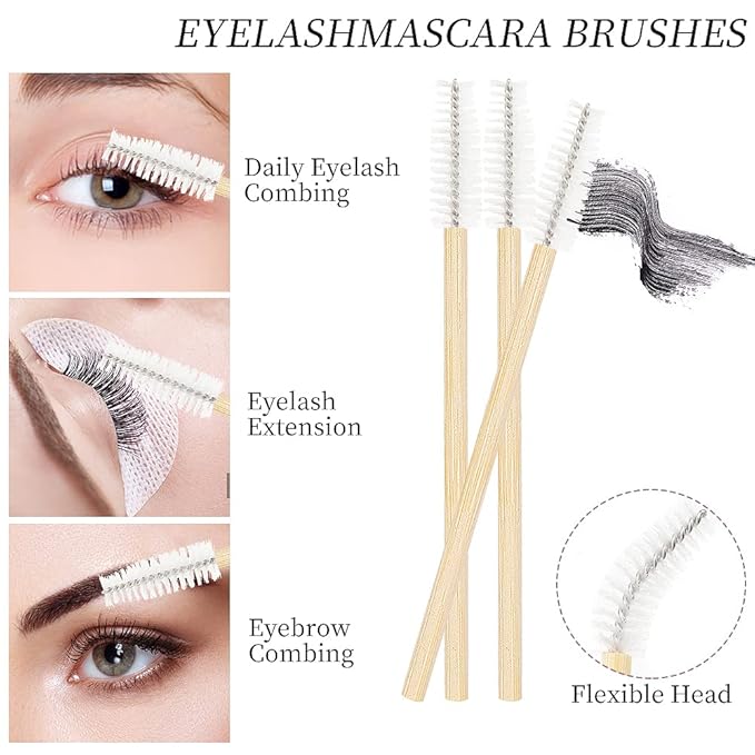 300 PCS/Sets Eyelash Extension Supplies 200pcs Disposable Pointed Micro Swab 50pcs Eyebrow Spoolie Brush 50pcs Lip Wand Brush Mascara Wand Applicator Eyelashes Tool (Bamboo kits)
