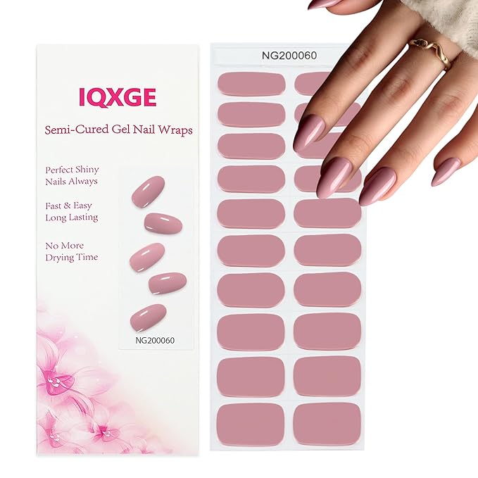 20Pcs Semi Cured Gel Nail Strips Mauve Pink Gel Nail Stickers Full Polish Nails Wraps UV/LED Light Needed Gloss Nails Polish Strips for Women Includes Prep Pads, File, Wooden Cuticle Stick