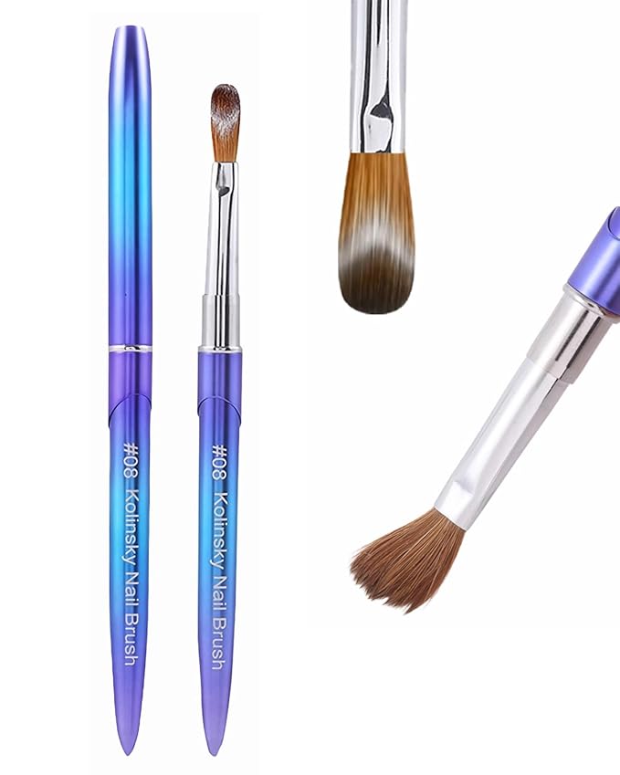100% Pure Kolinsky Hair Acrylic Nail Art Brushes – Oval Crimped Tip for Acrylic Powder, Gradient Blue Metal Handle, Professional Nail Art Brush for Salon & DIY (#8)