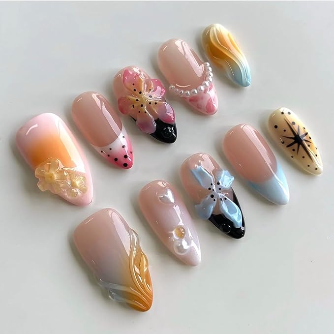 Luxury Press on Nails Medium Almond Handmade 3D Unique Reusable ABS Material Fake Nails French Tip False Nails with Designs Pearls Flower Water Ripple Glossy Glue on Nail Thick Acrylic Nail(M)