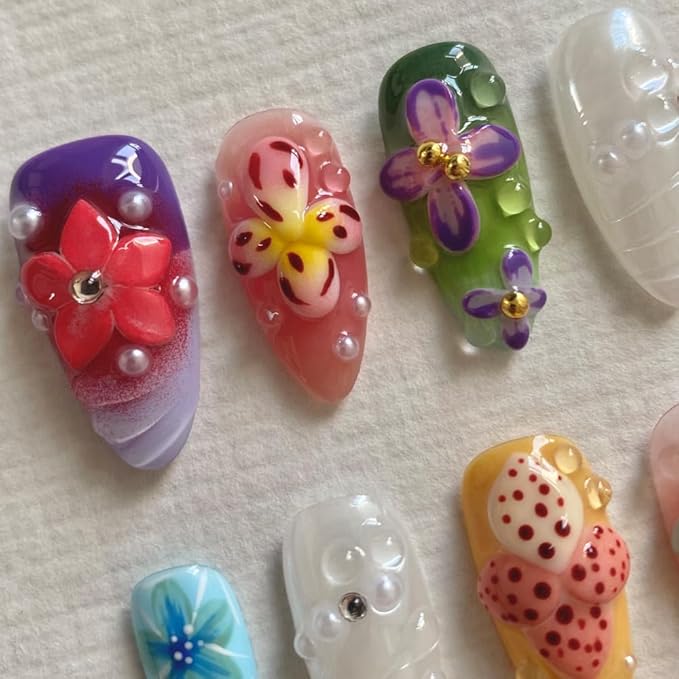 Press On Nails - Short Coffin Handmade Unique Fake Nails, Artistic Design, Thick Acrylic and Muti-Layer Gel False Nails, Reusable UV Gel Cured Sturdier 3D Fake Nails,DIY Art Decorate