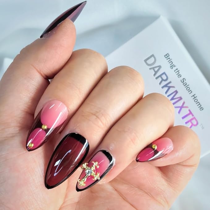 Press On Nails Almond Shape - Gothic Burgundy Pink Rhinestone Cross Design,Easy Application Manicure Set for Work, Party & Daily Use, Perfect for Women and Students