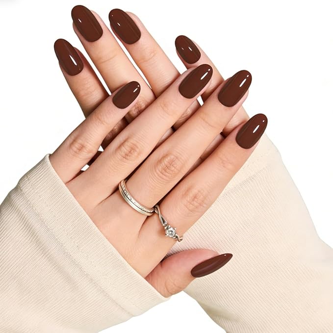 Brown Press on Nails Almond, Fall Coffee Chocolate Press ons, Reusable Acrylic Stick on False Nails 30Pcs 15 Sizes Kit for Women