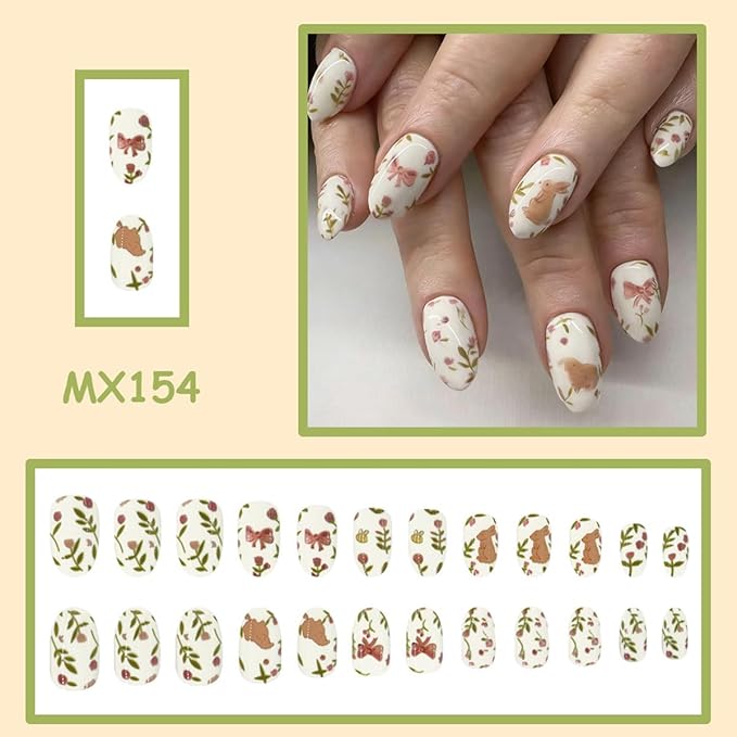 Cute Rabbit Press on Nails Easter Press on Nails - Medium Oval Fake Nails with Flower | Bow Designs False Nails Press ons Spring Full Cover Stick on Nails Easter Nails for Women Manicure 24Pcs