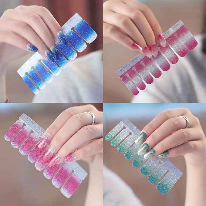 WOKOTO 16 Sheets Gradient Adhesive Nail Polish Decals Strips with 1Pc Nail File Glitter Nail Art Stickers Wraps Manicure Accessories