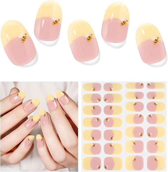 Semi Cured Gel Nail Strips,28 pcs French Gel Nail Stickers with UV Light Required,Long Lasting Nail Art Stickers, Easy to Apply（French Yellow）