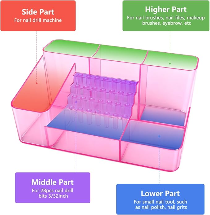 Nail Drill Holder & 28 Holes Nail Drill Bits Holder, Transparent Acrylic Nail Drill Machine Storage Box, Professional Nail Drill Organizer Case for Manicure tools (Pink)