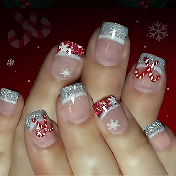 2 Packs 48Pcs Christmas Press on Nails Short Square Fake Nails Glitter French Tip False Nails Press ons Red Green Designs Winter Xmas Glue on Nails Kid Set for Women Girls Decoration