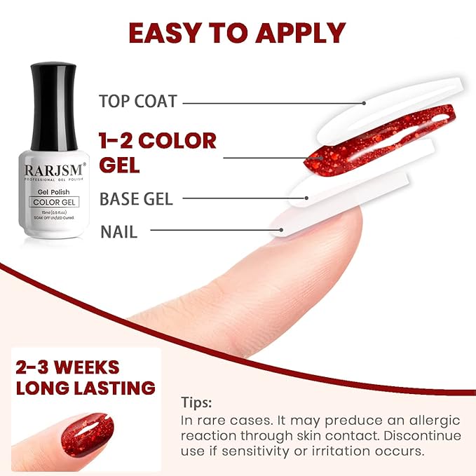 RARJSM Gel Nail Polish Sparkly Red Chunky Shimmer Iridescent Glitter Gel Polish 15ml Holographic Rainbow Effect L e d U V Curing Required Soak off High Pigments for Nail Art Christmas Manicure