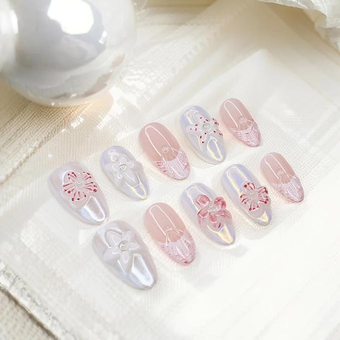 Handmade Press on Nails Luxury 3D Flower False Nails Designs Thickened Salon Quality Acrylic Nails Full Cover French Tip Fake Nails Medium Almond Stick on Nail for Women DIY Manicuare（Size M)