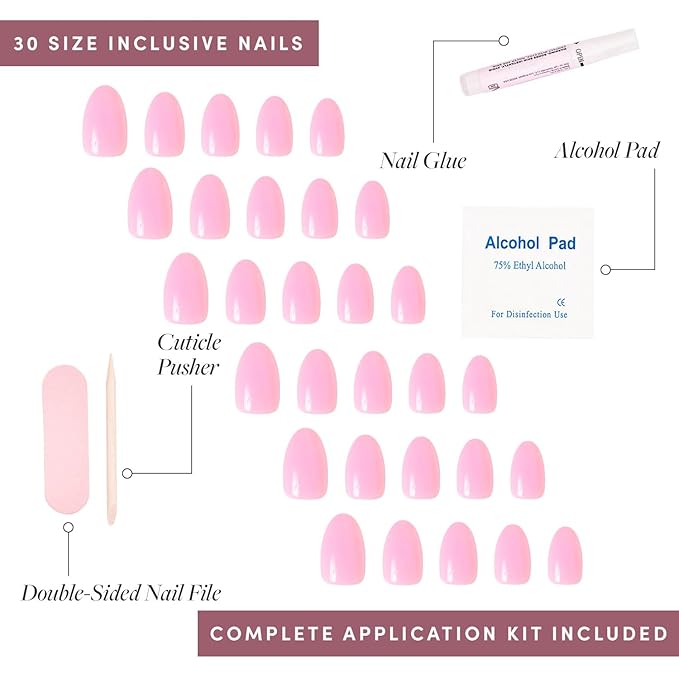 Glamnetic Press On Nails - Think Pink Fake Nails | Solid Opaque Light Pastel Pink Short Oval Nails, Salon Quality | 15 Sizes - 30 Nail Kit with Glue