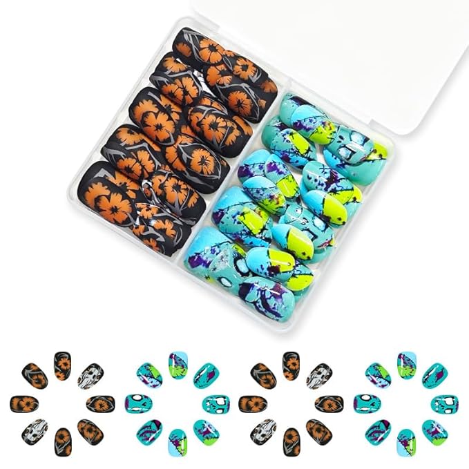 2 Packs 48Pcs Halloween Press on Nails Short Almond Fake Nails Cute Ghost Acrylic Nails with Horror Yellow Flowers Designs Oval Glue on Nails for Women Manicure Decoration