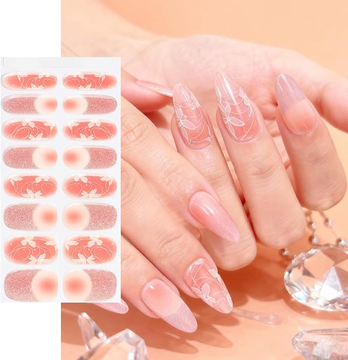 16pcs Gel Nail Strips - Nail Wraps Kit for Women Girls, No UV Light Needed, Natural Looking Manicure Full Cover Fake Nails Short Art Decor(Peach with Floral)