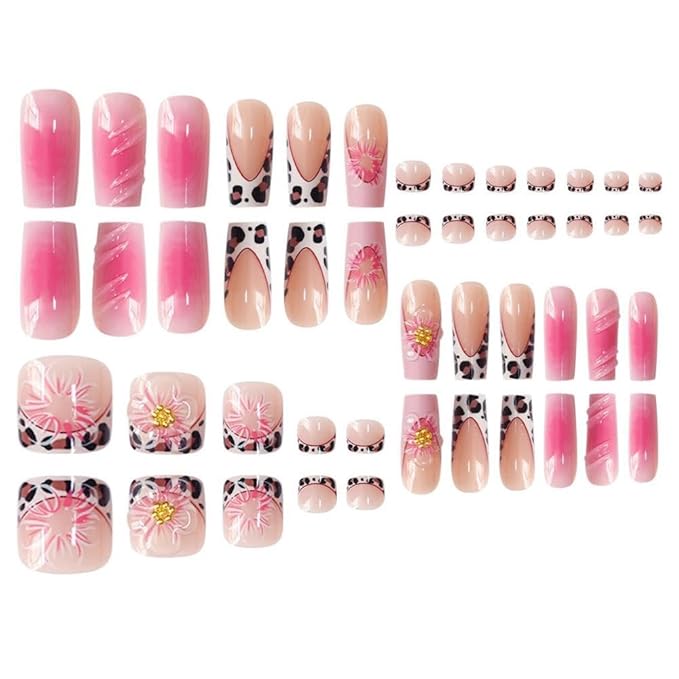 5D Flower Press on Toenails Long Square Press on Nails Leopard French Tips Fake Nails with 3D Floral Design Glossy Ombre Pink False Nails Reusable Summer False Toenails for Women Girls Manicure 48Pcs