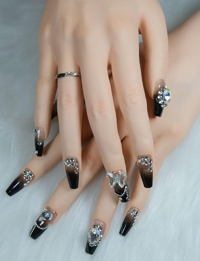 Coffin Press On Nails Medium Fake Nails Handmade False Nails Black White Diamond ButterFly Nail Charms, Acrylic Nail Kit Gel Nails,Reusable Stick on Nails for Women 10pcs S