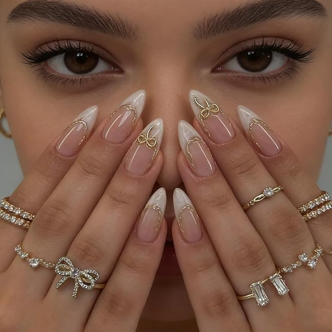 Bow Press on Nails - Almond Fake Nails - French Tip False Nails Press ons - Medium 3D Gold Acrylic Glossy - Cute Glue on Nails - for Women Artificial Stick on Nail 24 Pcs