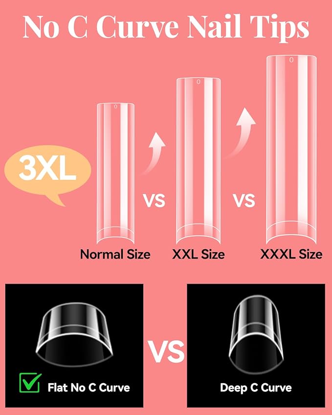MORGLES 3XL Square Nail Tips No C Curve, 504 Pcs Clear Acrylic Half Cover Tips with Nail Glue, Clipper, Files and Cuticle Fork for DIY Manicure