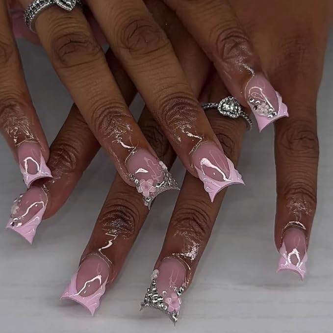 French Tip Press on Nails Handmade Short Duck 3D Floral Thick Acrylic Nails Cute False Nails with Rhinestones Flower Designs Pink Glossy Fake Nail Sturdy Art Press on Nail 10Pcs(M)