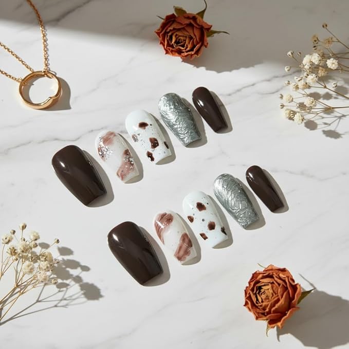 Amber Brown Press on Nails - Short Coffin White Sliver Amber Base Handmade Acrylic Nails Vintage Press-on Nails for New Year Holiday(Autumn-Winter Amber, S)