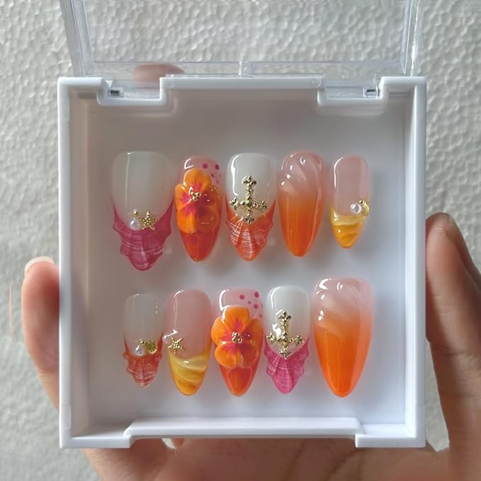 Press On Nails - French Tips Almond Handmade Unique Fake Nails, Orange and Pink Pairing, Thick Acrylic and Muti-Layer Gel False Nails, Reusable Gel Cured Sturdier 3D Fake Nails Set (Size S)