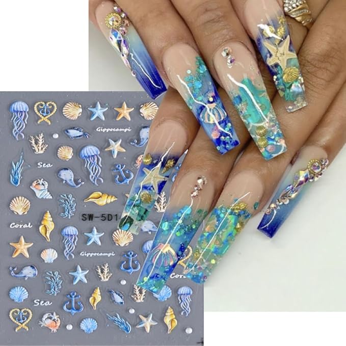 5D Embossed Beach Nail Stickers Ocean Nail Art Stickers Summer Nail Decals Self-Adhesive Nails Sticker Cute Jellyfish Shell Starfish Nail Supplies for Women Acrylic Nails DIY Manicure 3Sheets…
