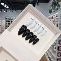 10 Pcs Handmade Almond Press on Nails Medium Black White False Nails Full Cover Acrylic Shell Shaped Tip Fake Nails with Glue Reusable Artificial Cute Ghost Stick on Nail for Women（Size S）