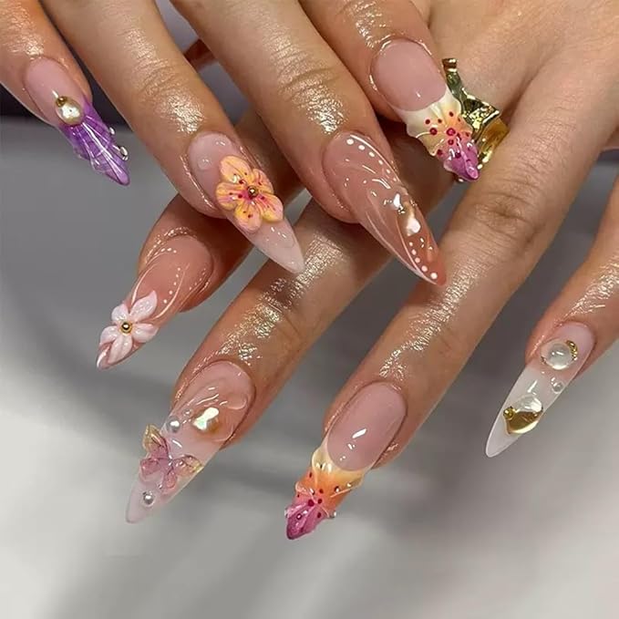 Press on Nails Medium Almond - Flower Fake Nails with 3D Shell Pattern Design - Colorful Full Cover Stick on False Nails - for Women Manicure 24 Pcs