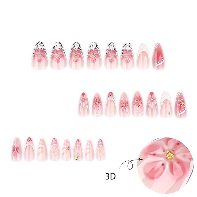 Almond Press on Nails Medium - French Tip Fake Nails with 3D Flower Rhinestone Design - Pearl False Nails Press Ons- for Women Manicure 24 Pcs