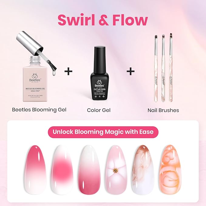 Beetles Blooming Gel, White Gel Nail Polish, Nail Art Brushes Set - Ombre Nails Brush Gradient Clean Up Fingernail Art Pens and Silicone Dotting Tool for Marble Blush Chrome DIY Manicure Designs