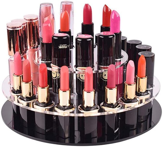 360-Degree Clear Acrylic Rotating Lipstick Holder Organizer,Spinning Rotatable Cosmetic Makeup Lip Gloss Nail Polish Storage Display,25 Round Openings