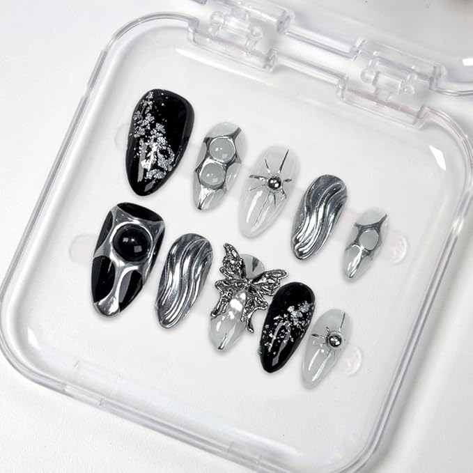 Black Press on Nails Medium Almond Fake Nails with 3D Metal Butterfly Irregular Silver Design Handmade False Nails Sequin Full Cover Artificial Nails Stick on Nail for Women DIY Tips (M)