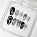 Black Press on Nails Medium Almond Fake Nails with 3D Metal Butterfly Irregular Silver Design Handmade False Nails Sequin Full Cover Artificial Nails Stick on Nail for Women DIY Tips (M)