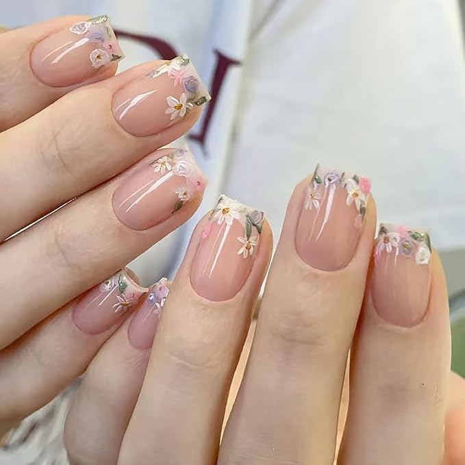 Floral French Press on Nails Medium Square MABKJLF White French Tip Fake Nails False Nails with Fower Nail Tip Designs Full Cover Glossy Glue on Nails Spring Summer Acrylic Nails for Women Girls 24Pcs