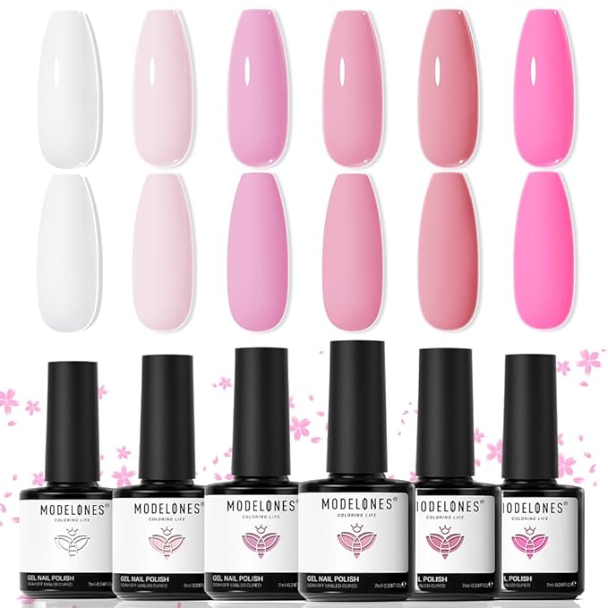 modelones Gel Nail Polish Set, 6 Colors 2026 Easter Light Soft Pink White Nude Pink Gel Polish Soak Off Nail Art Design Manicure Kit Salon DIY Home Gift Women Girlfriend Girl