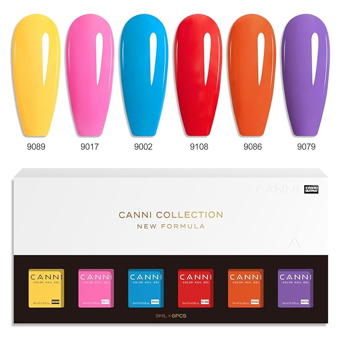 CANNI Gel Nail Polish Set – Bright Rainbow Summer 6 Colors 9ML (Red, Pink, Yellow, Blue, Orange,Purple), High Gloss Soak Off UV LED Nail Gel for Summer DIY Manicure