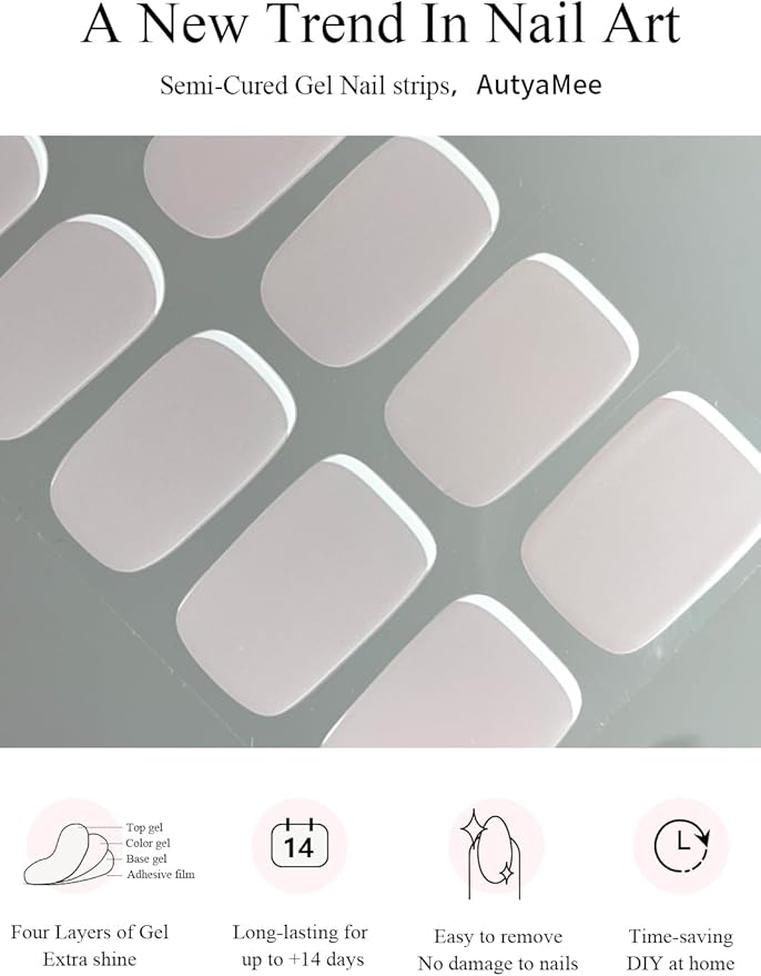 Semi Cured Gel Nail Strips (White End), Translucent Matte, 20 Pcs Summer Gel Nail Wraps, Stickers, UV Light Required, Salon Quality, Long Lasting