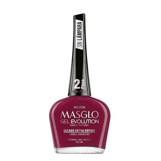 MASGLO GEL EVOLUTION Nail Polish Gel Effect, No UV/Led Lamp Required, Duration up to 12 day, 1 peice color Gel sin necesidad de lampara UV/Led, hasta 12 dias de duracion (MALVADA)