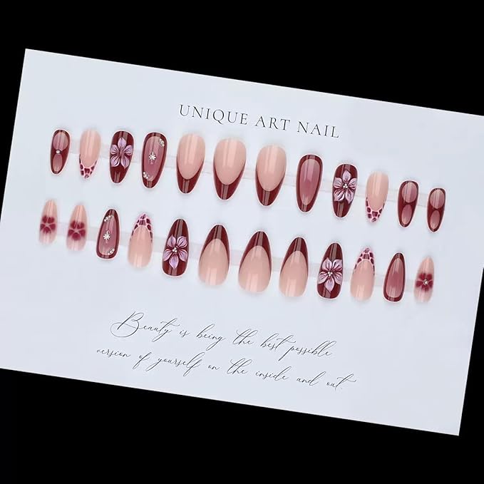 Press on Nails Almond - Medium Fake Nails with Flower Design - Ombre, French Tip False Nails - for Women 24 Pcs