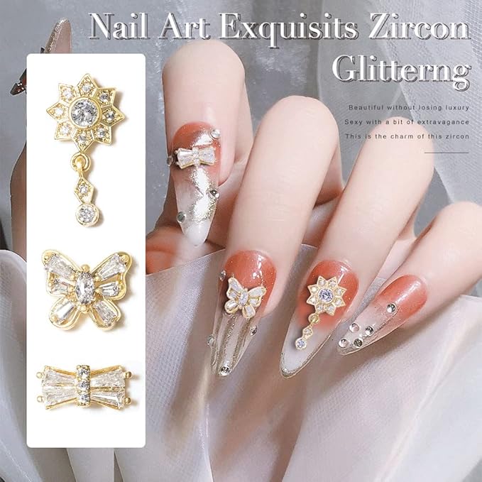 HNUIX Nail Charms and Gems - Gold Copper Zircon, Multiple Shapes Dangle, Metal Jewelry Rhinestones for Nails 22Pieces
