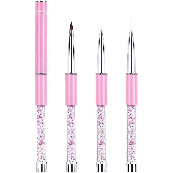 3-Piece Nail Art Brush Set - Rhinestone-Handled Gel Polish & Liner Brushes, 7&15 mm, for Salon & Home DIY Manicure (Pink)