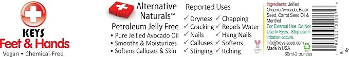 Keys Feet & Hands Chemical-Free, Gluten Free, Vegan Alternative Naturals – Super Hydrating, Soothing, Relaxing Treatment for Chapped, Cracked, Dry Skin with Pure Organic Jellied Avocado, 2 ounces