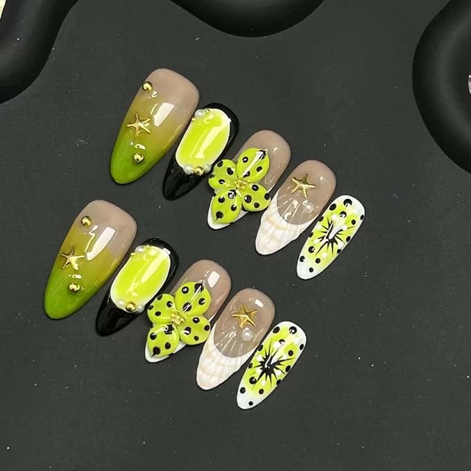 10Pcs Handmade Press On Nails Medium Almond Fake Nails 3D Flower With Star Gradient Design French Tip False Nails Full Cover Acrylic Glossy Floral Stick On Nail For Women Girls (SIZE:S)